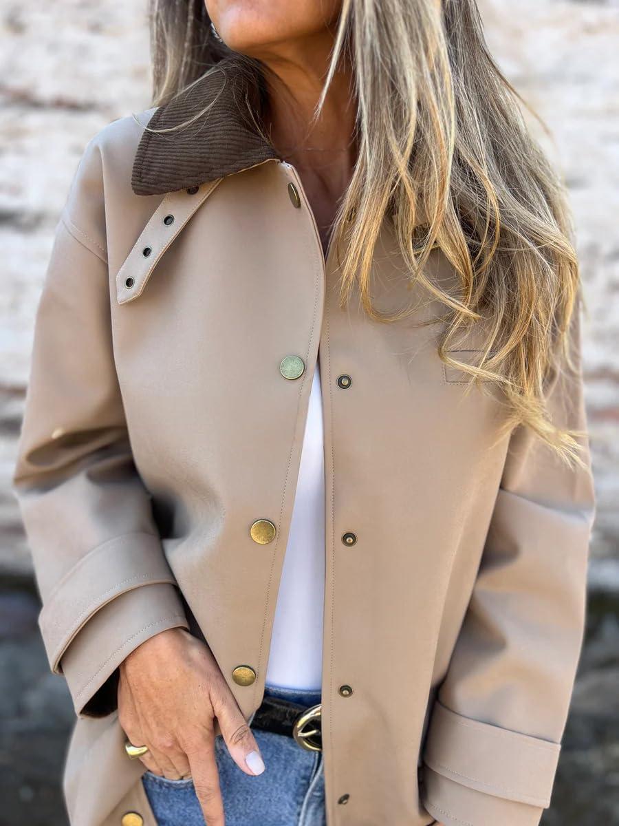 imagechouyatou Womens Vintage Corduroy Collar Faux Leather Jacket Single Breasted Pu Leather Long Trench Coat OuterwearKhaki