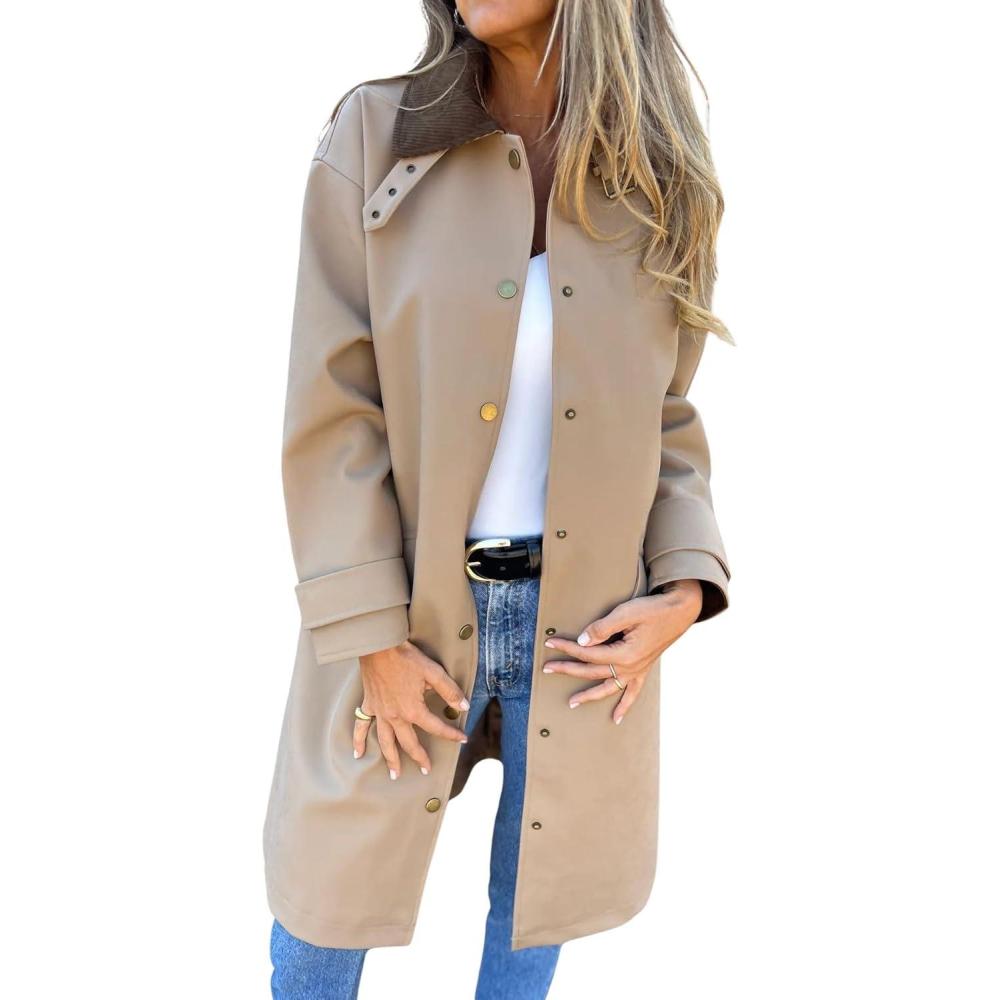 imagechouyatou Womens Vintage Corduroy Collar Faux Leather Jacket Single Breasted Pu Leather Long Trench Coat OuterwearKhaki