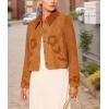 imagechouyatou Women Fall Floral Faux Suede Leather Jacket Casual Crop Button Down Suede Trucker Jacket OuterwearBrown