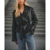 imagechouyatou Womens Fall Belted Faux Leather Jacket Modo Business Casual Faux Leather Short Trench CoatBlack