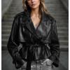 imagechouyatou Womens Fall Belted Faux Leather Jacket Modo Business Casual Faux Leather Short Trench CoatBlack