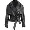 imagechouyatou Womens Fall Belted Faux Leather Jacket Modo Business Casual Faux Leather Short Trench CoatBlack
