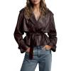 imagechouyatou Womens Fall Belted Faux Leather Jacket Modo Business Casual Faux Leather Short Trench CoatBrown