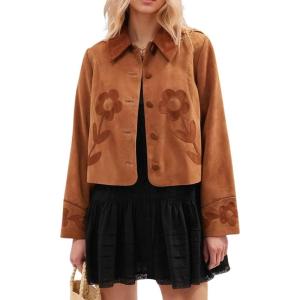 imagechouyatou Women Fall Floral Faux Suede Leather Jacket Casual Crop Button Down Suede Trucker Jacket OuterwearBrown