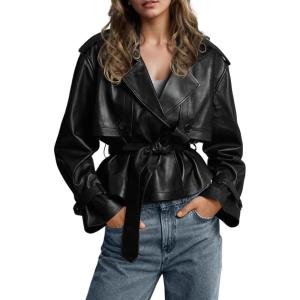 imagechouyatou Womens Fall Belted Faux Leather Jacket Modo Business Casual Faux Leather Short Trench CoatBlack