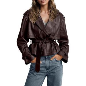 imagechouyatou Womens Fall Belted Faux Leather Jacket Modo Business Casual Faux Leather Short Trench CoatBrown