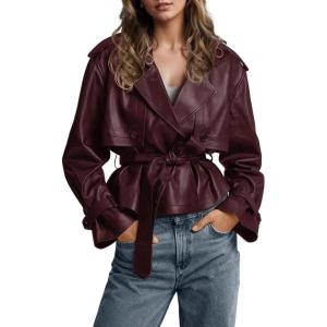 imagechouyatou Womens Fall Belted Faux Leather Jacket Modo Business Casual Faux Leather Short Trench CoatRed