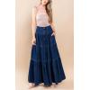 imagechouyatou Womens 2025 Casual ALine Tiered Maxi Jean Skirt Flowy Swing Pleated Boho Long Denim SkirtDark Blue