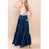 imagechouyatou Womens 2025 Casual ALine Tiered Maxi Jean Skirt Flowy Swing Pleated Boho Long Denim SkirtDark Blue