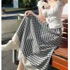 imagechouyatou Womens Casual Elastic Waist Plaid Skirt Lace Eyelet Ruffle Skirt Gingham Swing Midi Long SkirtBlack