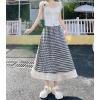 imagechouyatou Womens Casual Elastic Waist Plaid Skirt Lace Eyelet Ruffle Skirt Gingham Swing Midi Long SkirtBlack
