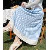 imagechouyatou Womens Casual Elastic Waist Plaid Skirt Lace Eyelet Ruffle Skirt Gingham Swing Midi Long SkirtBlue