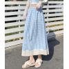 imagechouyatou Womens Casual Elastic Waist Plaid Skirt Lace Eyelet Ruffle Skirt Gingham Swing Midi Long SkirtBlue