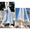 imagechouyatou Womens Casual Elastic Waist Plaid Skirt Lace Eyelet Ruffle Skirt Gingham Swing Midi Long SkirtBlue