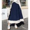 imagechouyatou Womens Casual Elastic Waist Plaid Skirt Lace Eyelet Ruffle Skirt Gingham Swing Midi Long SkirtNavy