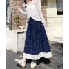 imagechouyatou Womens Casual Elastic Waist Plaid Skirt Lace Eyelet Ruffle Skirt Gingham Swing Midi Long SkirtNavy