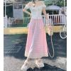 imagechouyatou Womens Casual Elastic Waist Plaid Skirt Lace Eyelet Ruffle Skirt Gingham Swing Midi Long SkirtPink