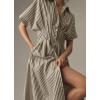imagechouyatou Womens Contrast Color Striped Shirt Dress Pleated Button Down Maxi Long Tunic Dress