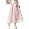 imagechouyatou Womens Casual Elastic Waist Plaid Skirt Lace Eyelet Ruffle Skirt Gingham Swing Midi Long SkirtPink