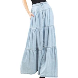 imagechouyatou Womens 2025 Casual ALine Tiered Maxi Jean Skirt Flowy Swing Pleated Boho Long Denim SkirtLight Blue