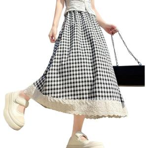 imagechouyatou Womens Casual Elastic Waist Plaid Skirt Lace Eyelet Ruffle Skirt Gingham Swing Midi Long SkirtBlack