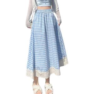 imagechouyatou Womens Casual Elastic Waist Plaid Skirt Lace Eyelet Ruffle Skirt Gingham Swing Midi Long SkirtBlue