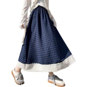 imagechouyatou Womens Casual Elastic Waist Plaid Skirt Lace Eyelet Ruffle Skirt Gingham Swing Midi Long SkirtNavy