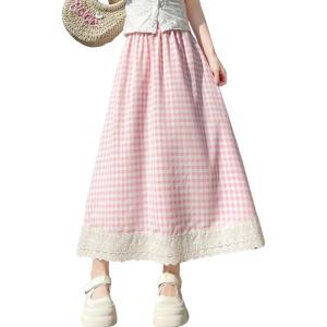 imagechouyatou Womens Casual Elastic Waist Plaid Skirt Lace Eyelet Ruffle Skirt Gingham Swing Midi Long SkirtPink