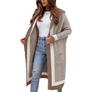 imagechouyatou Womens Color Block Vertical Striped Open Front Oversized Hooded Long Cardigan Sweaters with Pockets