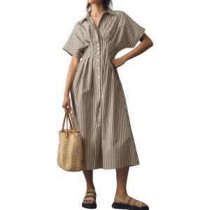 imagechouyatou Womens Contrast Color Striped Shirt Dress Pleated Button Down Maxi Long Tunic Dress