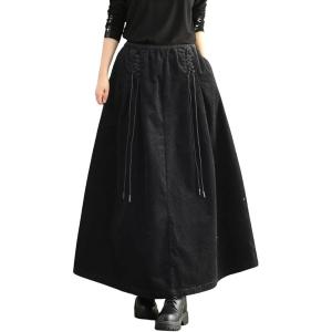imagechouyatou Womens Fall Winter Tie Knot Elastic High Waist A Line Corduroy Long Midi Skirt with PocketsBlack
