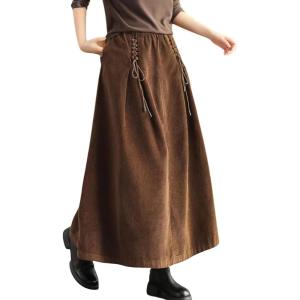 imagechouyatou Womens Fall Winter Tie Knot Elastic High Waist A Line Corduroy Long Midi Skirt with PocketsBrown