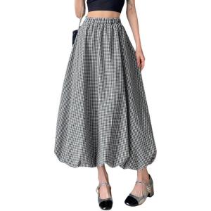 imagechouyatou Womens Retro Plaid Bubble Puffy Skirt High Elastic Waist A Line Swing Midi Long Skirt with PocketsPlaid Black