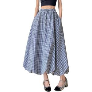 imagechouyatou Womens Retro Plaid Bubble Puffy Skirt High Elastic Waist A Line Swing Midi Long Skirt with PocketsPlaid Navy