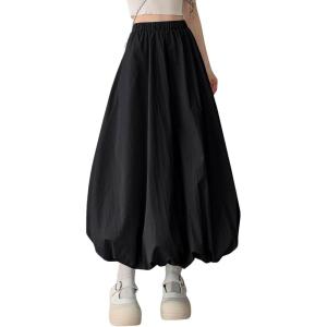 imagechouyatou Womens Retro Plaid Bubble Puffy Skirt High Elastic Waist A Line Swing Midi Long Skirt with PocketsSolid Black