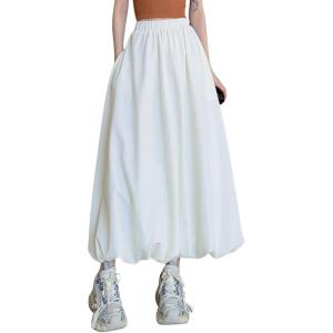 imagechouyatou Womens Retro Plaid Bubble Puffy Skirt High Elastic Waist A Line Swing Midi Long Skirt with PocketsSolid White