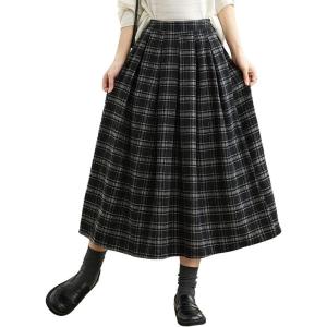 imagechouyatou Womens Retro Plaid Checkered Wool Skirt High Elastic Waist ALine Pleated Midi Long SkirtBlack