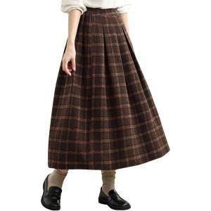 imagechouyatou Womens Retro Plaid Checkered Wool Skirt High Elastic Waist ALine Pleated Midi Long SkirtCoffee