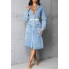 imagechouyatou Women Casual Distressed Button Down Midi Long Denim Jacket Spring Fall Jean Trench Coat OvercoatBlue