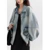 imagechouyatou Womens 2025 Fall Trendy Jean Jacket Zip Up Spring Y2K Distressed Oversized Denim Jacket CoatLight Blue