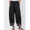 imagechouyatou Womens Floral Printed Cotton Linen Crop Pants Baggy Elastic Waist Wide Leg Palazzo TrousersBlack