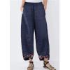 imagechouyatou Womens Floral Printed Cotton Linen Crop Pants Baggy Elastic Waist Wide Leg Palazzo TrousersNavy Blue