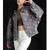 imagechouyatou Womens Vintage Floral Button Down Denim Jacket Y2k Boyfriend Casual Jean Trucker JacketBlue