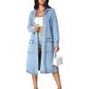 imagechouyatou Women Casual Distressed Button Down Midi Long Denim Jacket Spring Fall Jean Trench Coat OvercoatBlue