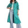 imagechouyatou Womens Boho Floral Button Down Denim Jacket Boyfriend Midi Long Jean Trench Coat OvercoatGreen