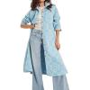 imagechouyatou Womens Boho Floral Button Down Denim Jacket Boyfriend Midi Long Jean Trench Coat OvercoatLight Blue