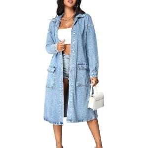 imagechouyatou Women Casual Distressed Button Down Midi Long Denim Jacket Spring Fall Jean Trench Coat OvercoatBlue