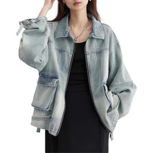 imagechouyatou Womens 2025 Fall Trendy Jean Jacket Zip Up Spring Y2K Distressed Oversized Denim Jacket CoatLight Blue