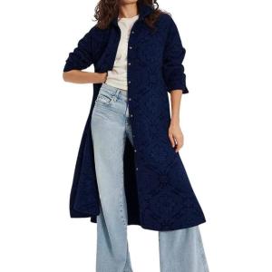 imagechouyatou Womens Boho Floral Button Down Denim Jacket Boyfriend Midi Long Jean Trench Coat OvercoatDark Blue