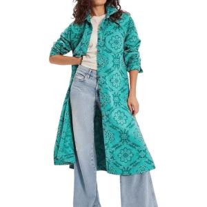 imagechouyatou Womens Boho Floral Button Down Denim Jacket Boyfriend Midi Long Jean Trench Coat OvercoatGreen